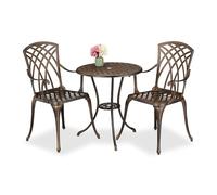 Relaxdays Salon de Jardin pour 2 Personnes, Table avec 2 chaises, Fonte d'aluminium, Design Antique, Noir et Bronze