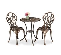 Relaxdays Salon de jardin, pour 2 personnes, table avec 2 chaises, fonte d'aluminium, design charmant, noir et bronze