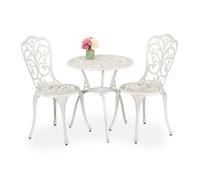 Relaxdays Salon de jardin pour 2 personnes, table avec 2 chaises, fonte d'aluminium, design rustique, blanc et bronze