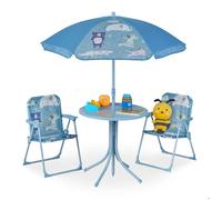 Relaxdays, Salon de jardin pour l'enfant, table, chaises, parasol, design animalier, pour la plage ou le camping, bleu