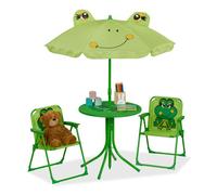 Relaxdays, Salon de Jardin, Enfant, Table, chaises, Parasol, pour Petit Fan de Grenouilles, pour Plage ou Camping, Vert