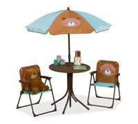 Relaxdays, Salon de Jardin, Enfant, Table, chaises, Parasol, pour Un Petit Fan d'ours, pour Plage ou Camping, Marron