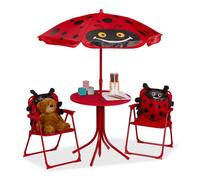 Relaxdays, Salon de Jardin, Enfant, Table, chaises, Parasol, pour Petit Fan de coccinelles, pour Plage & Camping, Rouge