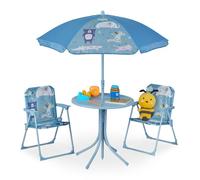 Relaxdays, Salon de Jardin pour l'enfant, Table, chaises, Parasol, Design Animalier, pour la Plage ou Le Camping, Bleu