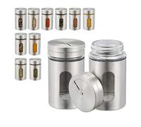 Relaxdays Saupoudreuses à épices, lot de 12, 3 tailles de débit, fenêtre de contrôle, herbes, verre, acier inoxydable