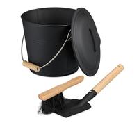 Relaxdays Seau à Cendres, avec Couvercle, 4,5 litres, Pelle et balayette, Nettoyage pour la cheminée, Noir