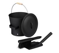 Relaxdays Seau à Cendres, avec Couvercle, 7,5 litres, Pelle et balayette, Nettoyage pour la cheminée, Noir