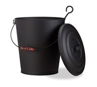 Relaxdays Seau à cendres avec couvercle, seau de charbon en acier, cendrier anse bois 24 litres, noir