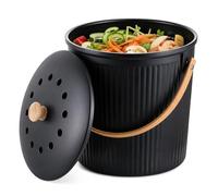 Relaxdays Seau à Compost Cuisine 5,6 L, 2 filtres Charbon Actif, Noir | couvercle, anse bambou, polyresine