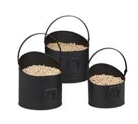 relaxdays Seau à pellets, Jeu de 3, poignée et Anse Rabattable, 21, 25 et 30 cm, en métal, Accessoire de cheminée, Noir