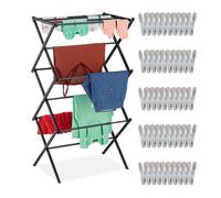 Relaxdays séchoir à linge pliable, 6 niveaux, 11 barres, avec 50 pinces à linge, extensible, étendoir en métal, noir