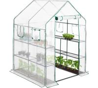 Relaxdays Serre de jardin 4 fenêtres serre tomates 2m² 2 étagères Tunnel Tente plantes HxlxP: 190x140x140cm, transparent