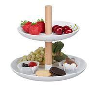 Relaxdays Serviteur à gâteaux, 2 étages, Bois & Plastique, Assiettes, HxD 19x21 cm, présentoir, Moderne, Blanc/Naturel