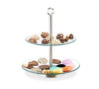 Relaxdays Serviteur gâteau, 2 étages, rond, verre, inox, présentation de muffins, fruits, etc., transparent/argenté
