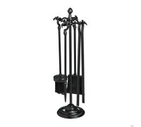 Relaxdays Serviteur pour cheminée, 5 pièces, tisonnier, Pelle, Balai, Pince & Support, pour poêle, Fonte, Noir