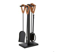 Relaxdays Serviteur pour cheminée, lot 5 pièces, tisonnier, Pelle, Balai à Cendres, Pince, Support, Cuir, Noir - Marron