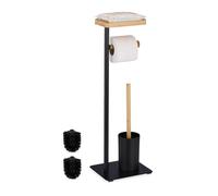 Relaxdays Serviteur WC Bambou et fer – brosse et porte-brosse, support non fixe, noir/nature