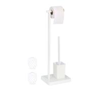 Relaxdays Serviteur WC, HxLxP : 66,5x23x18 cm, Support Papier Toilettes, Brosse et Porte-Brosse, Acier Inoxydable, Blanc
