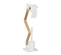 Relaxdays Serviteur WC, Non Fixe, Support pour Papier Toilette, Brosse et Porte-Brosse, HLP 76x20x20 cm, Blanc/Nature