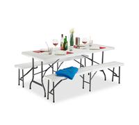Relaxdays Set 3x Meubles 1 Table & 2 Bancs Pliants, Uni, Jardin Barbecue HLP 74x180x74,5cm, Blanc