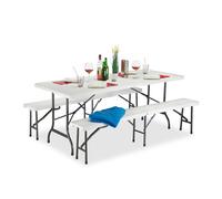 Relaxdays Set 3x Meubles 1 Table & 2 Bancs Pliants, Uni, Jardin Barbecue HLP 74x180x74,5cm, Blanc