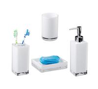 Relaxdays Accessoires salle de bain Set 4 pièces distributeur savon gobelet brosse à dent porte-savon plastique, blanc,9 x 12 x 19.5 cm
