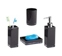 Relaxdays Accessoires salle de bain Set 4 pièces distributeur savon gobelet brosse à dent porte-savon plastique, noir