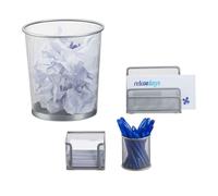 Relaxdays 10022498_55 Set 4 Fournitures Bureau Métal Organiseur Trieur à Courrier Bloc-Notes Pot à Crayon Corbeille Papier, Argenté, Standard