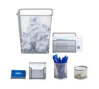 Relaxdays Set 6 fournitures de bureau poubelle pot crayon bloc notes cartes de visite courrier métal, argenté