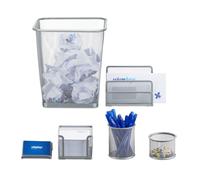 Relaxdays Set 6 fournitures de bureau poubelle pot crayon bloc notes cartes de visite courrier métal, argenté