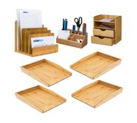 Relaxdays Set de Bureau 7 pièces XL, en Bambou, 4 bacs à courrier pour A4, Organiseur, Pots à Crayons, Porte-Documents, Nature