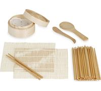 Relaxdays Kit à sushis, 2 nattes, cuiseur-vapeur, 20 paires de baguettes, cuillère à riz, spatule, set, nature