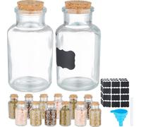 Relaxdays Salière et poivrière, Couvercle, Lot de 14, 150 ML chacun, étiquettes, marqueur, Entonnoir, Transparent