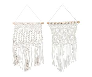 Relaxdays Set de 2 macramés muraux, Fait à la Main, Décoration Murale, HxL : 70x25,5cm, Coton, Bois, Couleur crème