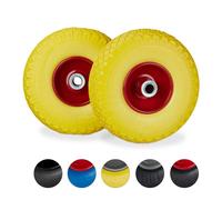 Relaxdays Roue de diable, 2x roue de brouette caoutchouc, pour axe de 20 mm, 3.00-4", 260 x 85 mm, jaune-rouge