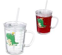 Relaxdays Verre pour Enfant en Lot de 2, Motif de Dinosaure, avec Anse, Couvercle et Paille, 400 ML gradué, Transparent