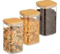 Relaxdays Lot de 3 bocaux en Verre, Couvercle en Bambou, carré, Conservation, 1200 ML, hermétique, Transparent/Naturel