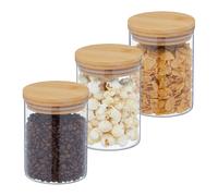 Relaxdays Lot de 3 bocaux en Verre, Couvercle Bambou, Bocal Conservation Rond, 650 ML, hermétique, Transparent/Naturel