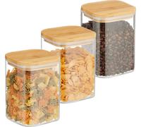 Relaxdays Lot de 3 bocaux en Verre, Couvercle en Bambou, carré, Conservation, 900 ML, hermétique, Transparent/Naturel