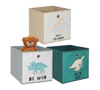 Relaxdays, Set de 3 boîtes de Rangement pour Enfants, Motifs Dino, H x L x P : 30 x 30 x 30 cm, Textile, coloré