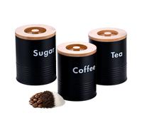 Relaxdays Set 3 boîtes café, thé et sucre – métal, couvercle bambou, 14×11 cm, noir/nature