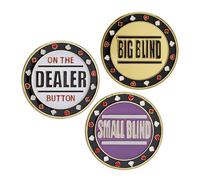 Relaxdays Set de 3 Boutons pour Le Poker, « Dealer », «Big Blind » et « Small Blind », avec étui à chacun, Ø 4 cm, doré
