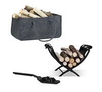 Relaxdays Set de 3 pièces Cheminée, poche pour bois de cheminée, panier à bois de cheminée Pelle à charbon, feutre, acier inoxydable, plastique, anse, pliable, noir/anthracite