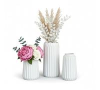 Relaxdays, Set de 3 vases à Fleurs, 3 Tailles, pour Fleurs fraîches et séchées, Vase en céramique, décor Blanc