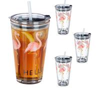 relaxdays Set de 4 gobelets en verre Flamingo