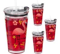 Relaxdays Gobelet en Lot de 4, Motif Flamant Rose, Graduation 450 ML, Couvercle, Paille, Verre, Enfants, Transparent