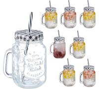 Relaxdays Verre à Cocktails avec Couvercle et Paille Incluse, Lot de 8, 500 ML, Style rétro, Estival, avec poignée, Noir