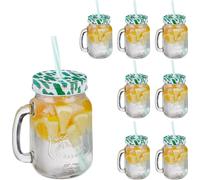 Relaxdays Verre à Cocktails avec Couvercle et Paille Incluse, Lot de 8, 500 ML, Style rétro, Estival, avec poignée, Vert