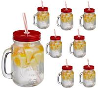 Relaxdays Verre à Cocktails avec Couvercle et Paille Incluse, Lot de 8, 500 ML, Style rétro, Estival, avec Anse, Rouge
