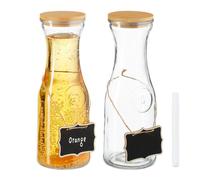 Relaxdays Set de 2 carafes d'eau, en Verre, capacité de Chaque : 1 Litre, Couvercle en Bambou, Transparent et Nature